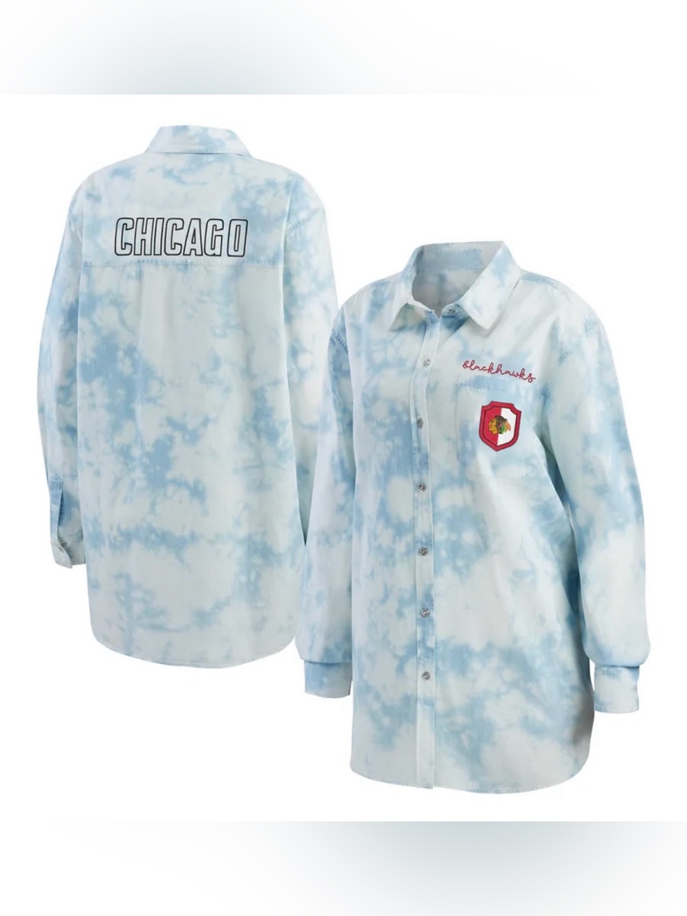 Chicago Blackhawks WEAR by Erin Women's Oversized Tie-Dye Button-Up Denim Shirt